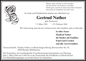 Anzeige von Gertrud Nather von  Sonntags-Post 