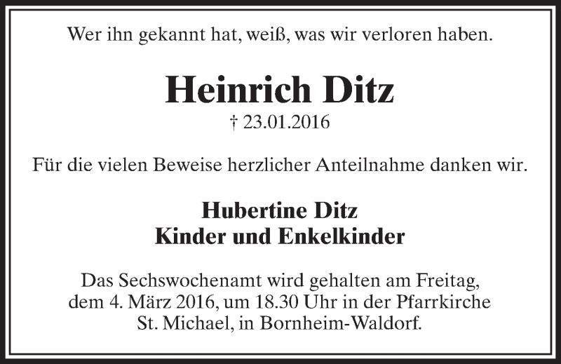 Traueranzeige für Heinrich Ditz vom 24.02.2016 aus  Schlossbote/Werbekurier 