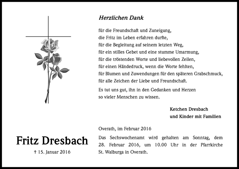  Traueranzeige für Fritz Dresbach vom 20.02.2016 aus Kölner Stadt-Anzeiger / Kölnische Rundschau / Express