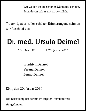 Anzeige von Ursula Deimel von Kölner Stadt-Anzeiger / Kölnische Rundschau / Express