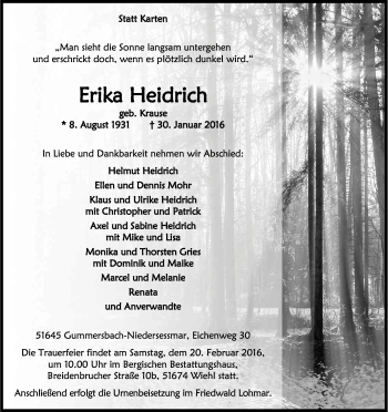 Anzeige von Erika Heidrich von Kölner Stadt-Anzeiger / Kölnische Rundschau / Express