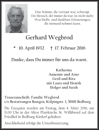 Anzeige von Gerhard Wegbrod von  Sonntags-Post 