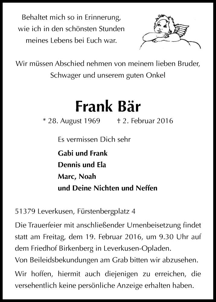  Traueranzeige für Frank Bär vom 13.02.2016 aus Kölner Stadt-Anzeiger / Kölnische Rundschau / Express