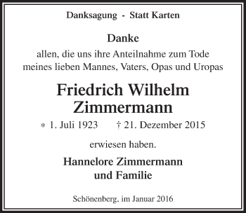 Anzeige von Friedrich Wilhelm Zimmermann von  Anzeigen Echo 