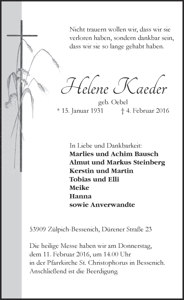  Traueranzeige für Helene Kaeder vom 07.02.2016 aus  Blickpunkt Euskirchen 