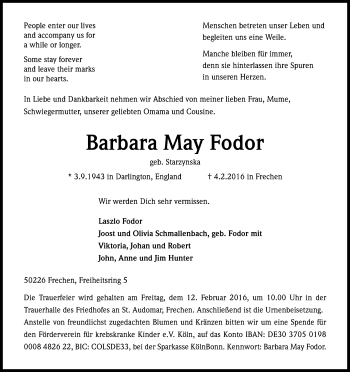 Anzeige von Barbara May Fodor von Kölner Stadt-Anzeiger / Kölnische Rundschau / Express