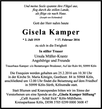Anzeige von Gisela Kamper von Kölner Stadt-Anzeiger / Kölnische Rundschau / Express