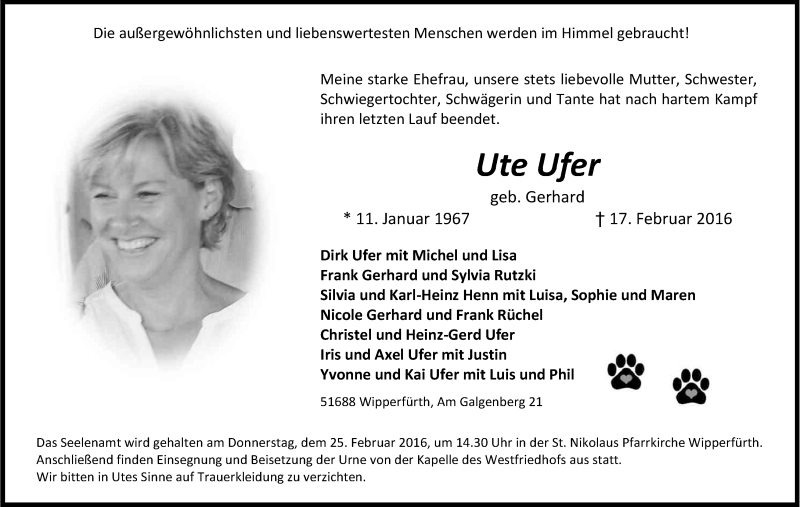  Traueranzeige für Ute Ufer vom 20.02.2016 aus Kölner Stadt-Anzeiger / Kölnische Rundschau / Express