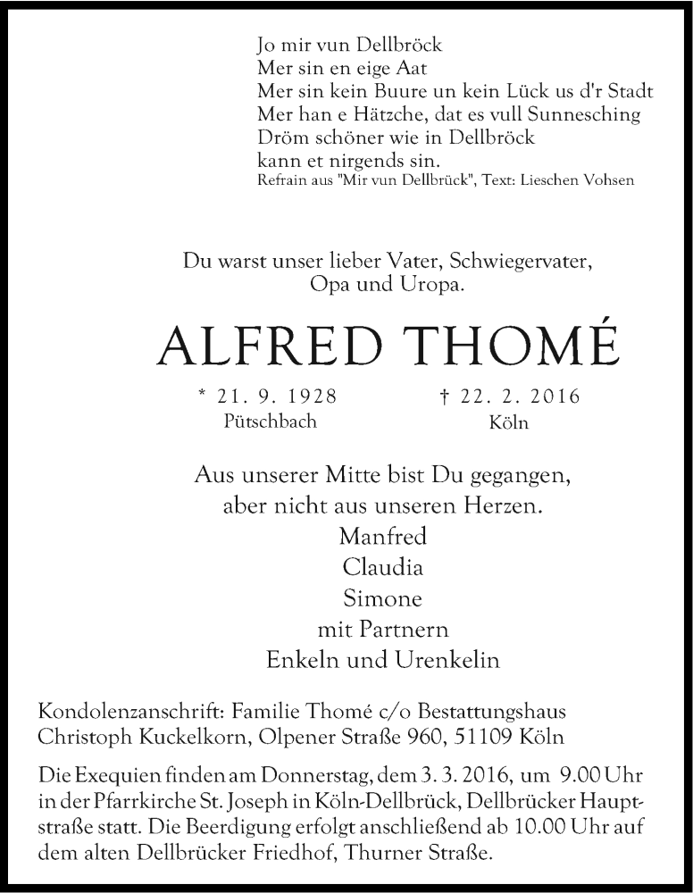  Traueranzeige für Alfred Thomé vom 27.02.2016 aus Kölner Stadt-Anzeiger / Kölnische Rundschau / Express