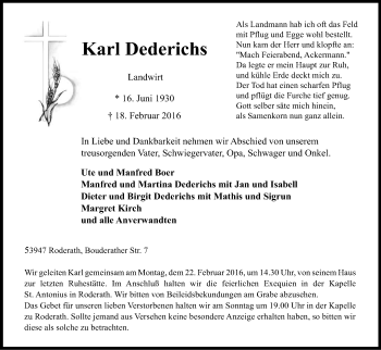 Anzeige von Karl Dederichs von Kölner Stadt-Anzeiger / Kölnische Rundschau / Express
