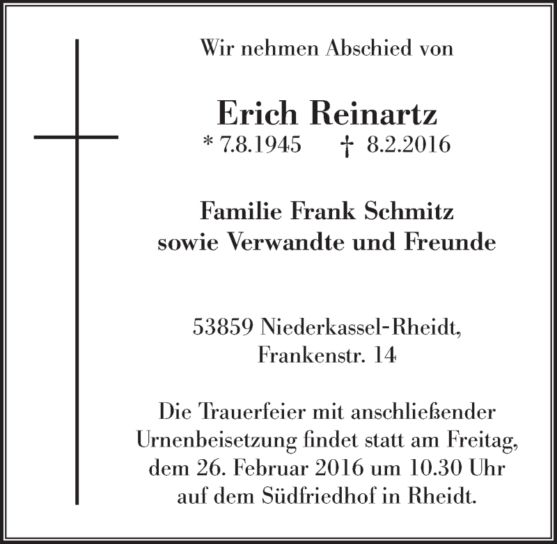  Traueranzeige für Erich Reinartz vom 17.02.2016 aus  Extra Blatt 