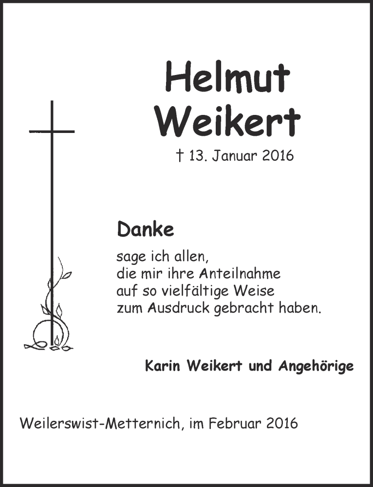  Traueranzeige für Helmut Weikert vom 21.02.2016 aus  Blickpunkt Euskirchen 