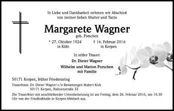 Anzeige von Margarete Wagner von Kölner Stadt-Anzeiger / Kölnische Rundschau / Express