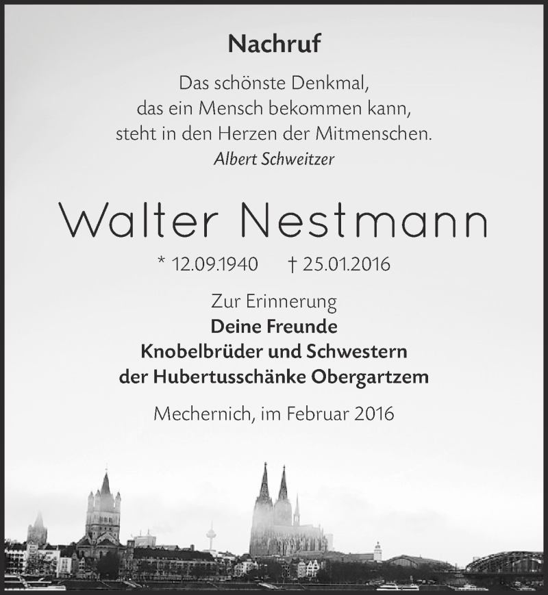  Traueranzeige für Walter Nestmann vom 28.02.2016 aus  Blickpunkt Euskirchen 