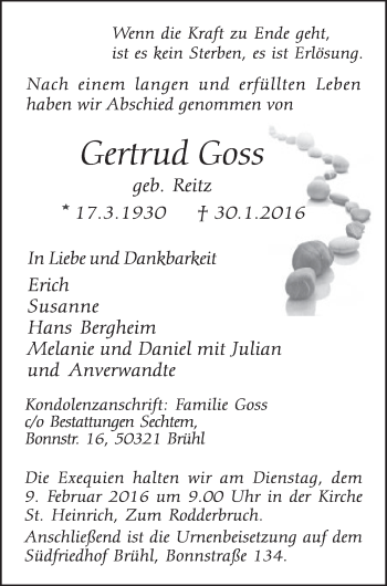 Anzeige von Gertrud Goss von  Schlossbote/Werbekurier 