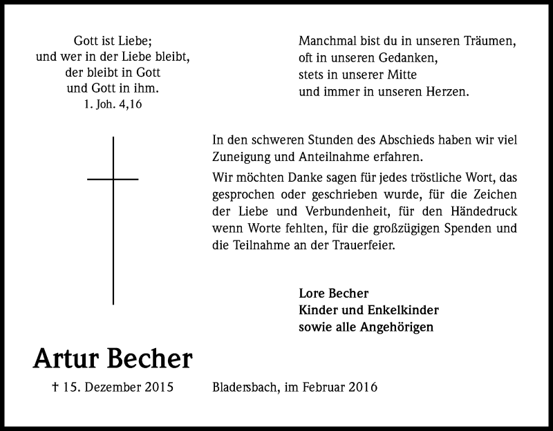  Traueranzeige für Artur Becher vom 06.02.2016 aus Kölner Stadt-Anzeiger / Kölnische Rundschau / Express