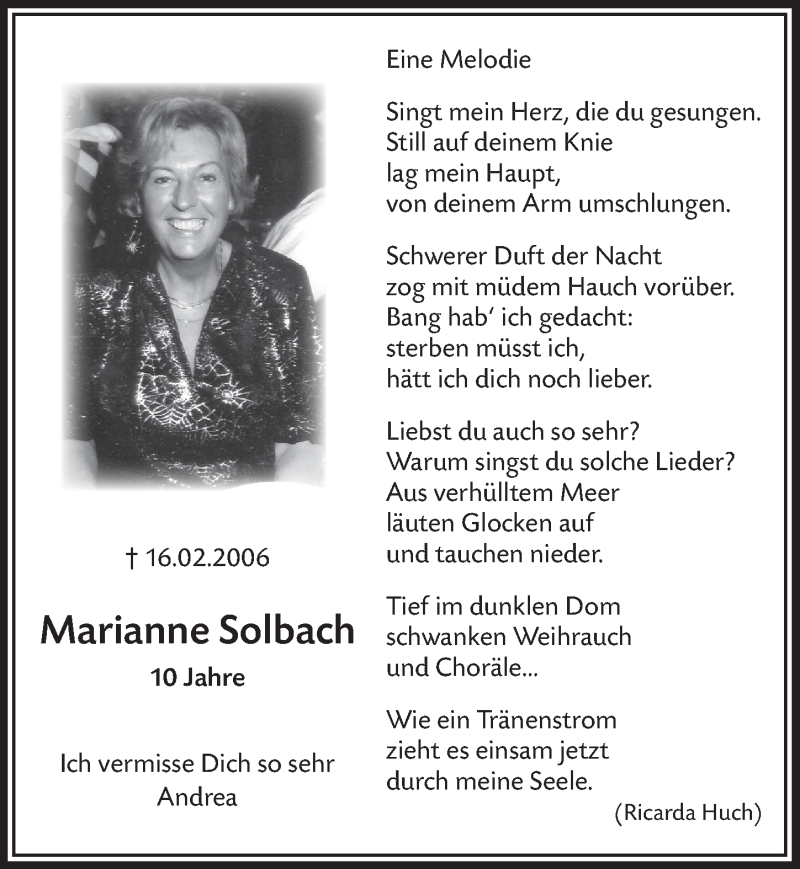  Traueranzeige für Marianne Solbach vom 17.02.2016 aus  Lokalanzeiger 