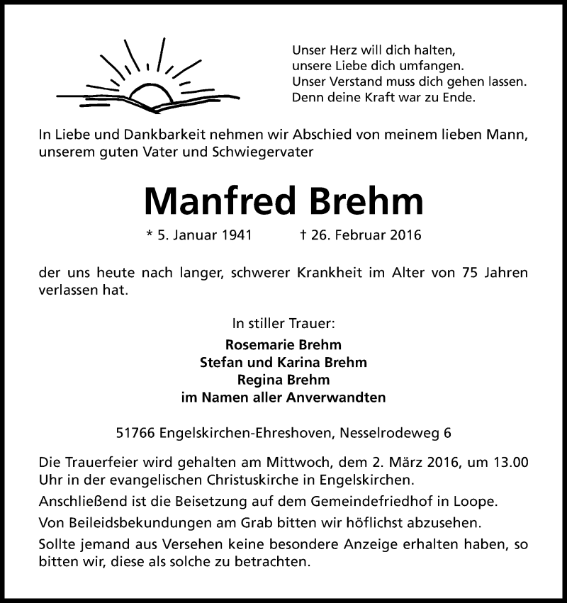  Traueranzeige für Manfred Brehm vom 27.02.2016 aus Kölner Stadt-Anzeiger / Kölnische Rundschau / Express
