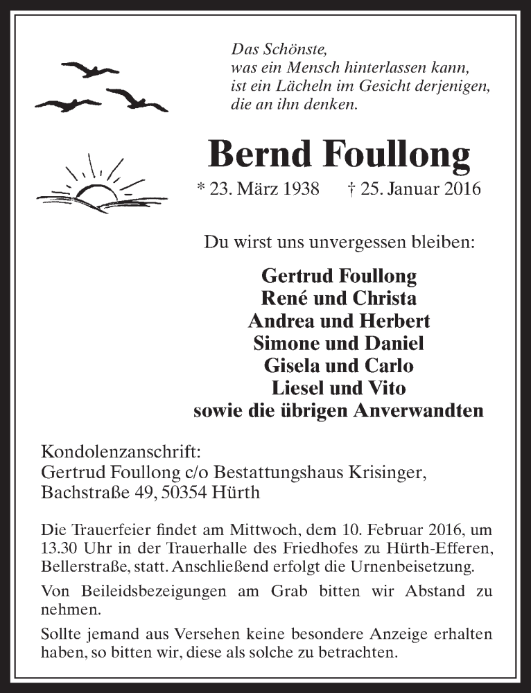  Traueranzeige für Bernd Foullong vom 03.02.2016 aus  Wochenende 