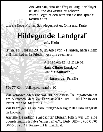 Anzeige von Hildegunde Landgraf von Kölner Stadt-Anzeiger / Kölnische Rundschau / Express