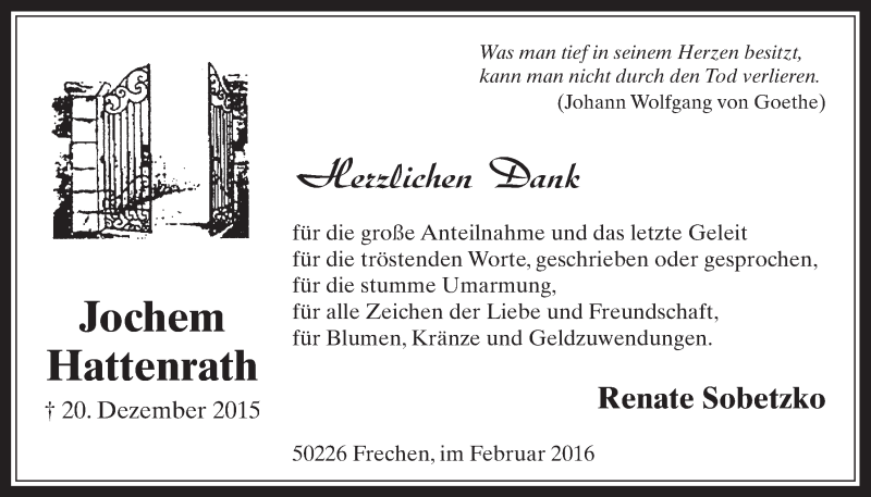  Traueranzeige für Jochem Hattenrath vom 03.02.2016 aus  Wochenende 