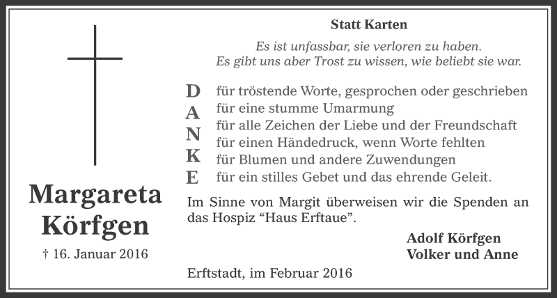  Traueranzeige für Margareta Körfgen vom 20.02.2016 aus  Sonntags-Post 