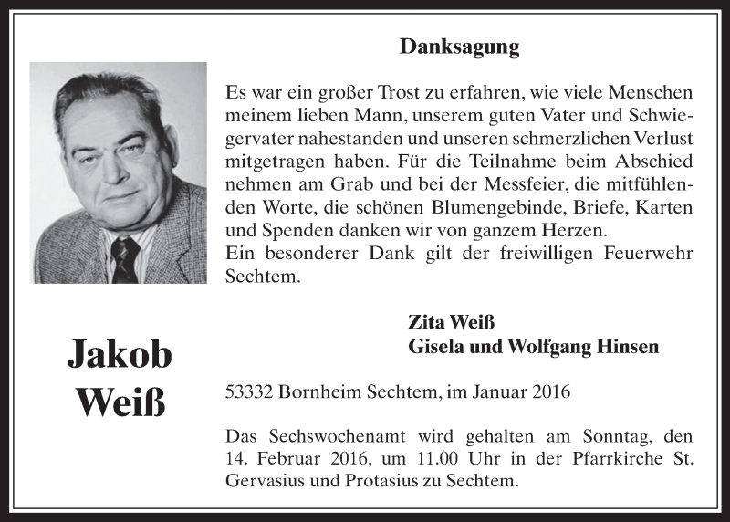  Traueranzeige für Jakob Weiß vom 10.02.2016 aus  Schlossbote/Werbekurier 