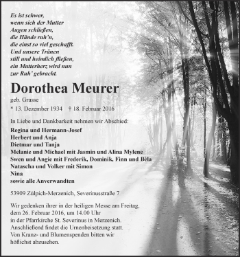 Anzeige von Dorothea Meurer von  Blickpunkt Euskirchen 