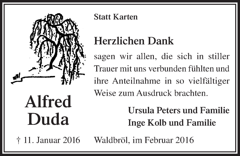  Traueranzeige für Alfred Duda vom 17.02.2016 aus  Lokalanzeiger 
