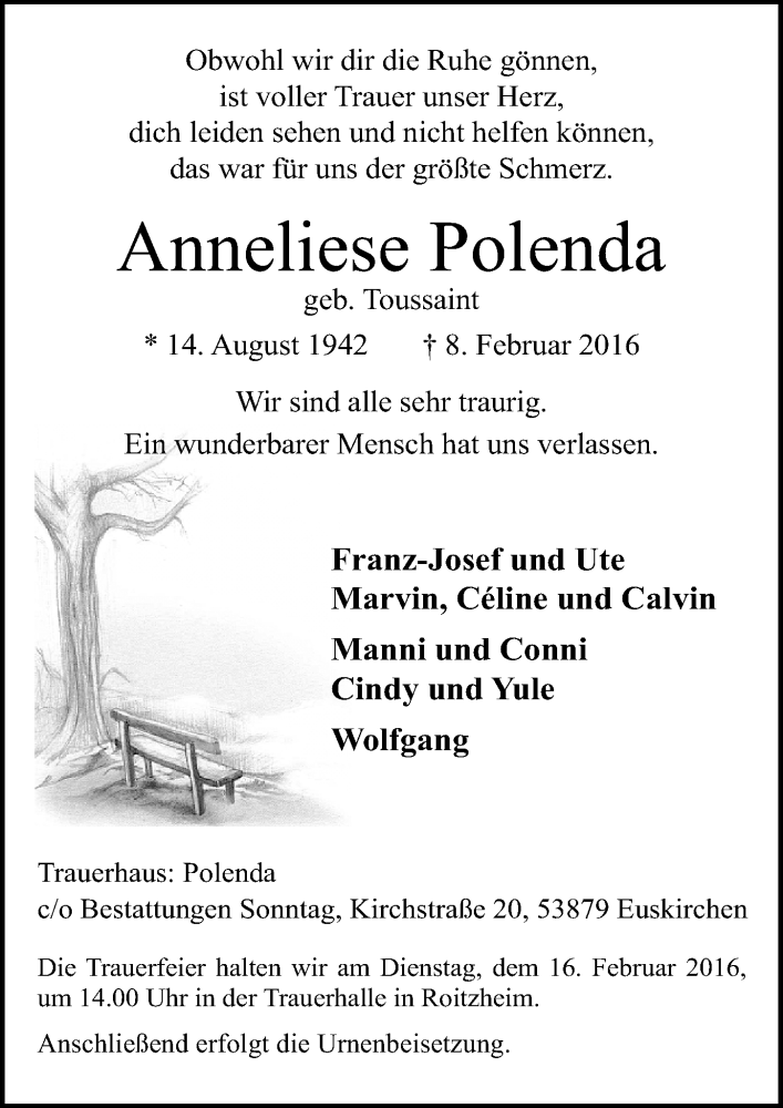  Traueranzeige für Anneliese Polenda vom 14.02.2016 aus  Blickpunkt Euskirchen 