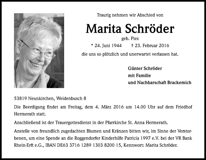  Traueranzeige für Marita Schröder vom 27.02.2016 aus Kölner Stadt-Anzeiger / Kölnische Rundschau / Express