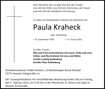 Anzeige von Paula Kraheck von Kölner Stadt-Anzeiger / Kölnische Rundschau / Express