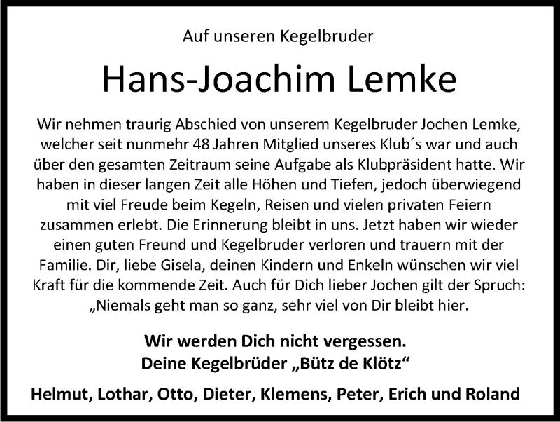  Traueranzeige für Hans-Joachim Lemke vom 27.02.2016 aus Kölner Stadt-Anzeiger / Kölnische Rundschau / Express