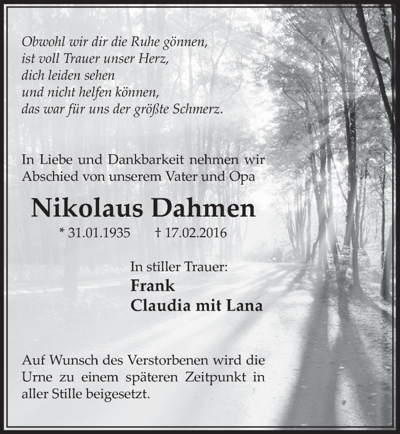  Traueranzeige für Nikolaus Dahmen vom 20.02.2016 aus  Sonntags-Post 