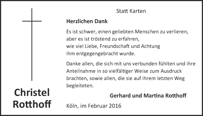  Traueranzeige für Christel Rotthoff vom 17.02.2016 aus  Kölner Wochenspiegel 