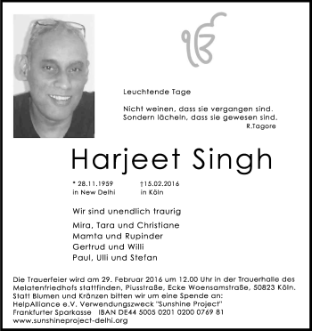 Anzeige von Harjeet Singh von Kölner Stadt-Anzeiger / Kölnische Rundschau / Express
