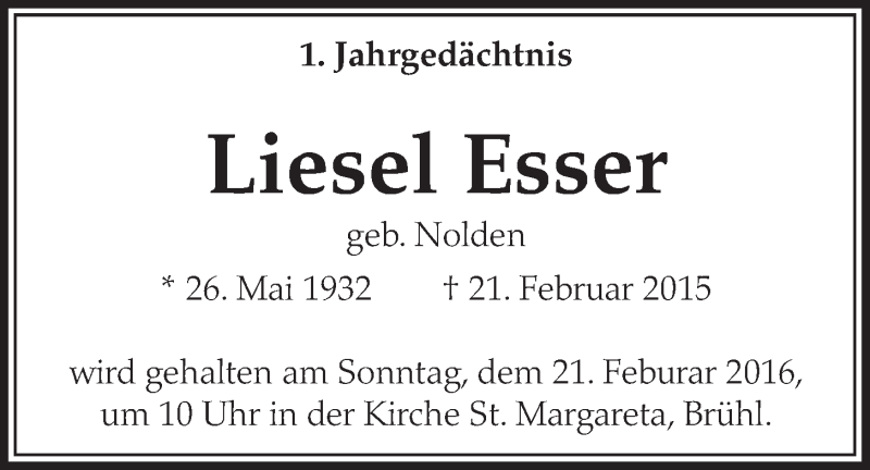  Traueranzeige für Liesel Esser vom 17.02.2016 aus  Schlossbote/Werbekurier 