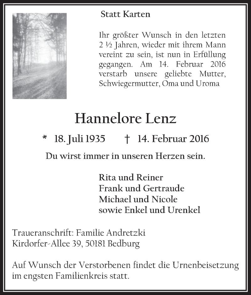  Traueranzeige für Hannelore Lenz vom 24.02.2016 aus  Werbepost 