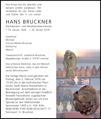 Anzeige von Hans Bruckner von Kölner Stadt-Anzeiger / Kölnische Rundschau / Express