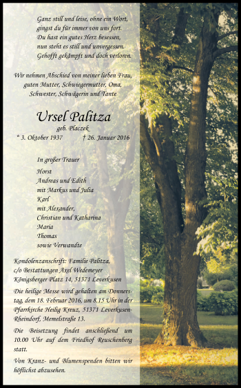 Anzeige von Ursel Palitza von Kölner Stadt-Anzeiger / Kölnische Rundschau / Express