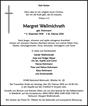 Anzeige von Margret Wallmichrath von Kölner Stadt-Anzeiger / Kölnische Rundschau / Express