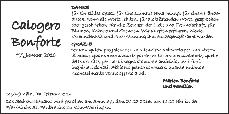  Traueranzeige für Calogero Bonforte vom 17.02.2016 aus  Kölner Wochenspiegel 