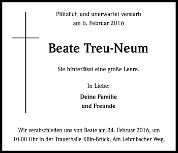 Anzeige von Beate Treu-Neum von Kölner Stadt-Anzeiger / Kölnische Rundschau / Express