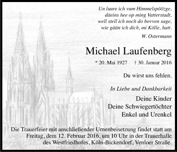 Anzeige von Michael Laufenberg von Kölner Stadt-Anzeiger / Kölnische Rundschau / Express