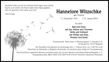 Anzeige von Hannelore Witzschke von Kölner Stadt-Anzeiger / Kölnische Rundschau / Express