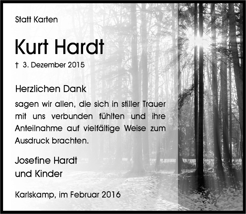  Traueranzeige für Kurt Hardt vom 03.02.2016 aus  Anzeigen Echo 