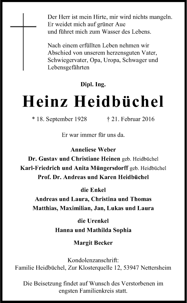  Traueranzeige für Heinz Heidbüchel vom 27.02.2016 aus Kölner Stadt-Anzeiger / Kölnische Rundschau / Express