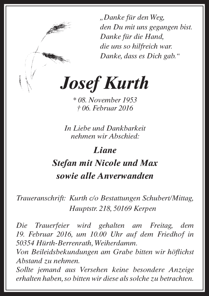  Traueranzeige für Josef Kurth vom 17.02.2016 aus  Wochenende 