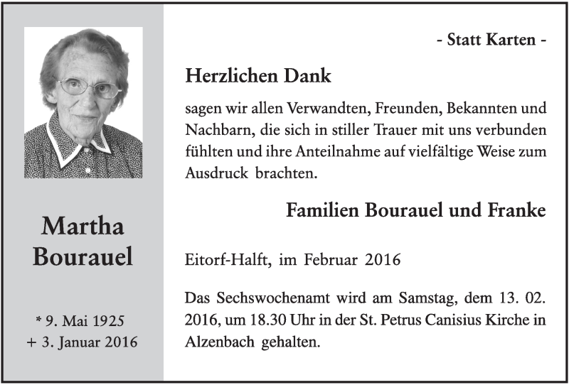  Traueranzeige für Martha Bourauel vom 10.02.2016 aus  Extra Blatt 
