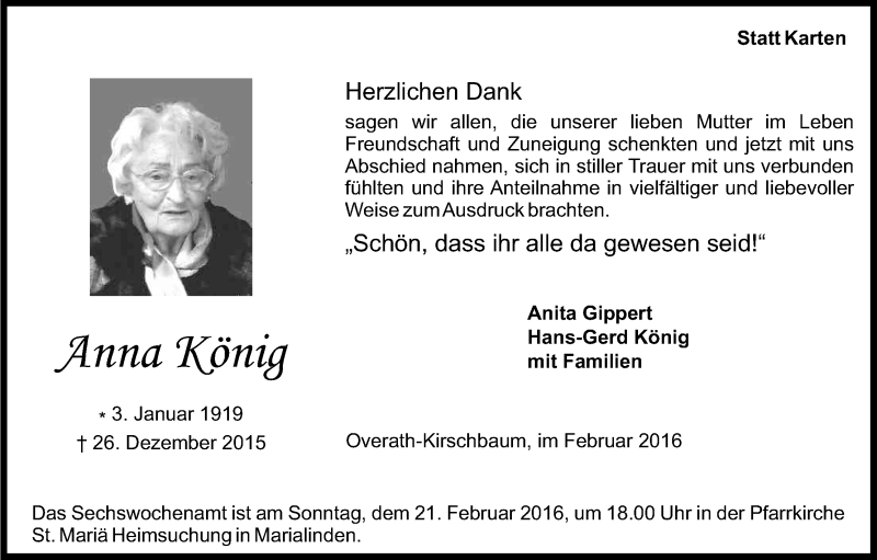  Traueranzeige für Anna König vom 06.02.2016 aus Kölner Stadt-Anzeiger / Kölnische Rundschau / Express